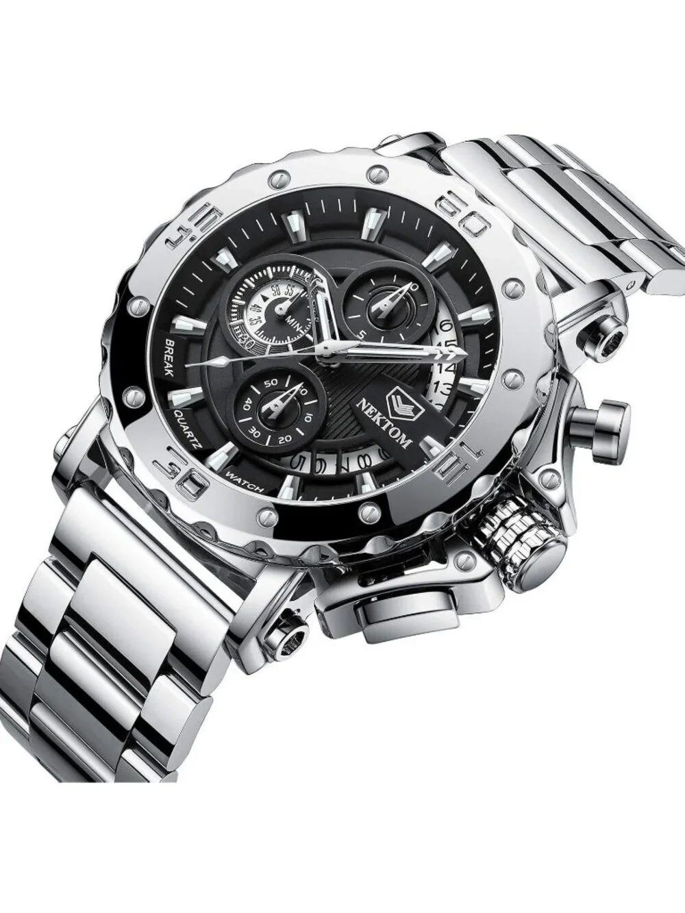 Men Silver Stainless Steel Analog Chronograph 3ATM Waterproof Luxury Wrist Watch
